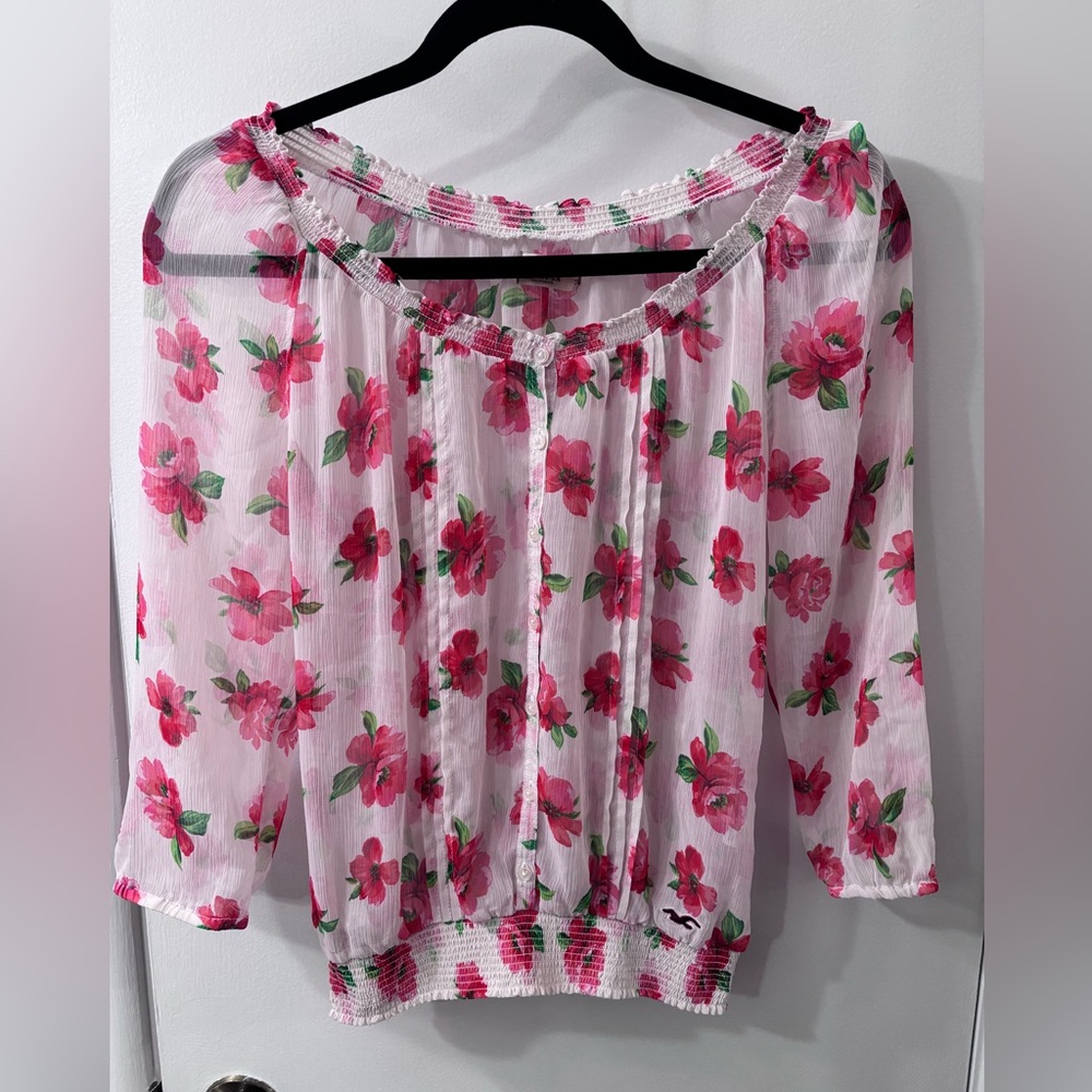 Hollister Rosey Floral Organza Sheer Banded Blouse Delicate Lightweight